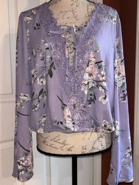 Xhilaration Lavender Floral Lace-Up V-Neck Blouse